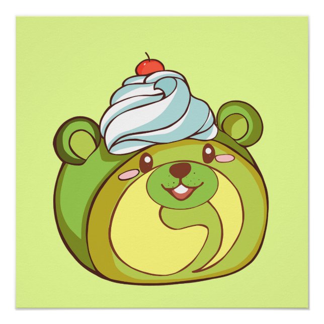 Kawaii Matcha Swiss Roll Bear  Cake Poster (Front)