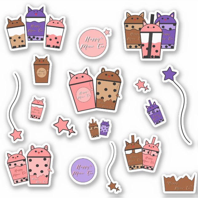 Kawaii Meow Tea Vinyl Sticker | Set of 17 Stickers (Front)