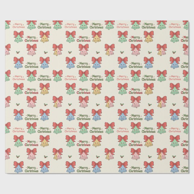 Kawaii "Merry Christmas" Bell & Ribbon Wrapping Paper (Flat)