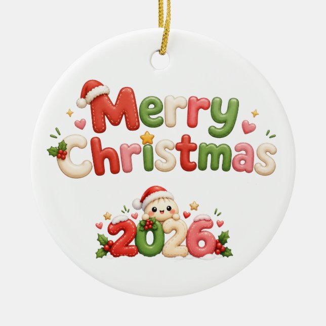Kawaii Merry Christmas Ceramic Ornament (Front)