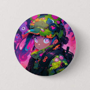 Kawaii Military Hunter Camouflage Heart Eyes Anime 2 Inch Round Button