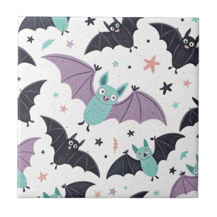 Kawaii Mint Bats with Lavender Wings and Stars Tile