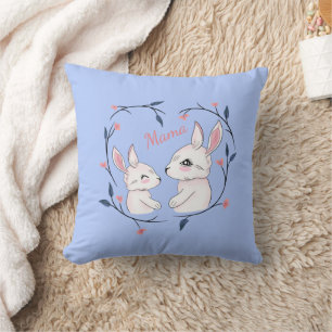 kawaii mom rabbit and her baby with flowers throw pillow