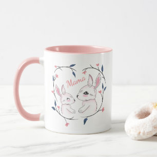 kawaii mom rabbit and her bunny with flowers mug