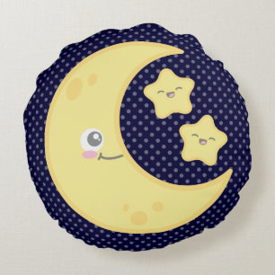 Kawaii Moon et les étoiles Coussin rond