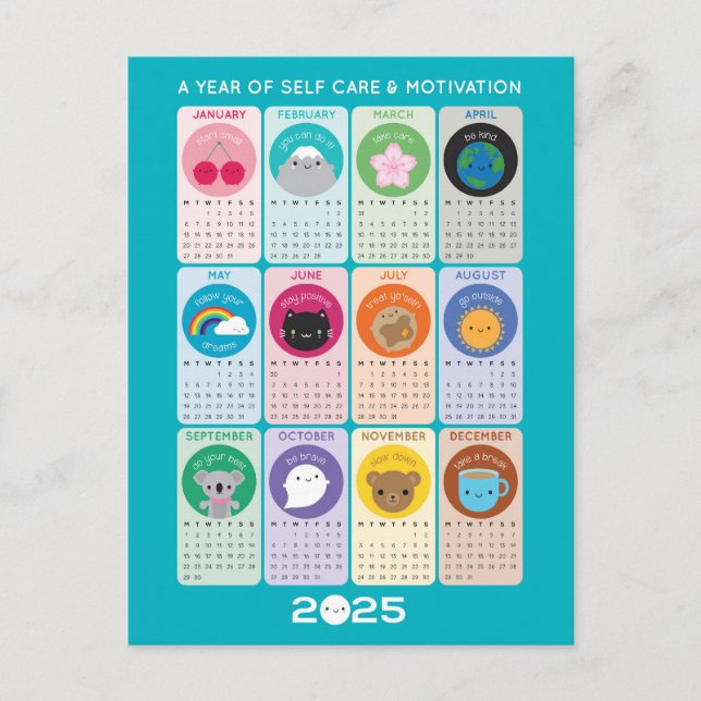 Kawaii Motivation & Self Care 2025 Calendar Postcard (Front)