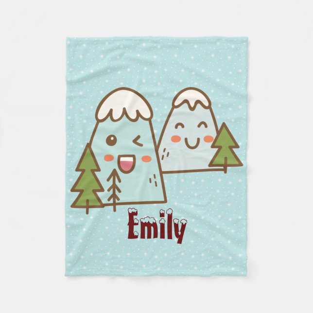 Kawaii Mountains in Snow Fleece Blanket (Front)