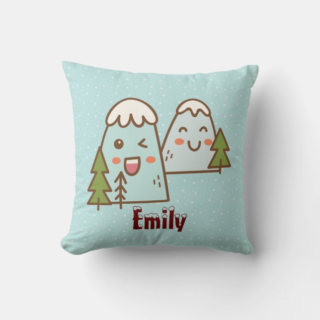 Kawaii Mountains in Snow Throw Pillow (Front)