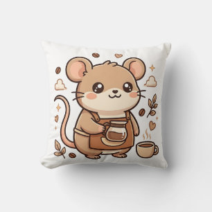 Kawaii Mouse Barista Throw Pillow