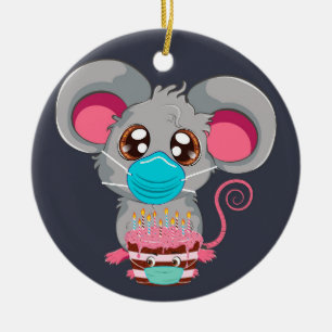 Kawaii mouse in face mask with cake ceramic ornament