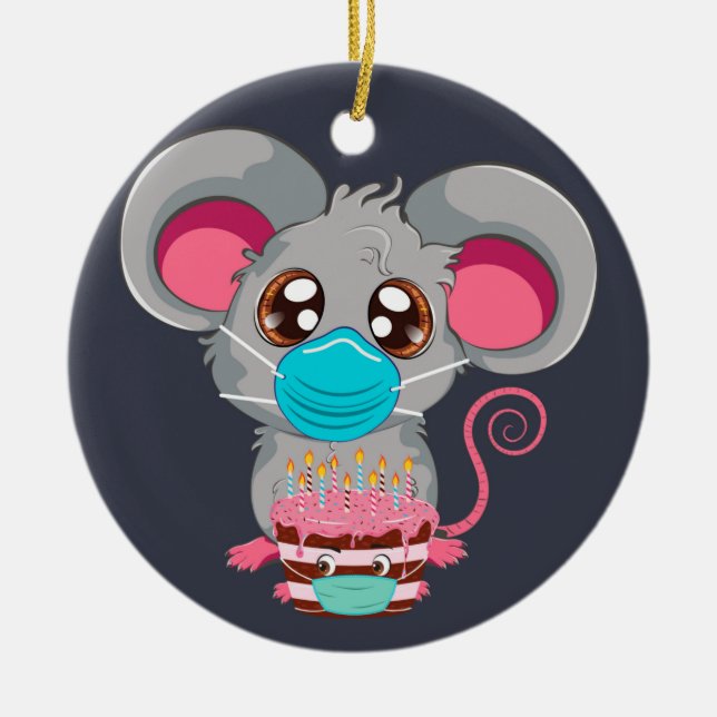 Kawaii mouse in face mask with cake ceramic ornament (Front)