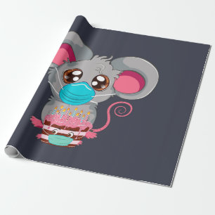 Kawaii mouse in face mask with cake wrapping paper