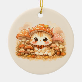 Kawaii Mushroom Forest Kitty  Cute Autumn Cozy Cat Ceramic Ornament