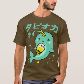 Kawaii Narwhal Drinking Boba Bubble Tea Kids Teen T-Shirt
