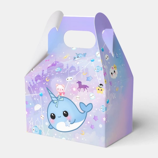 Kawaii narwhal in the dreamy kingdom favor box (Front Side)