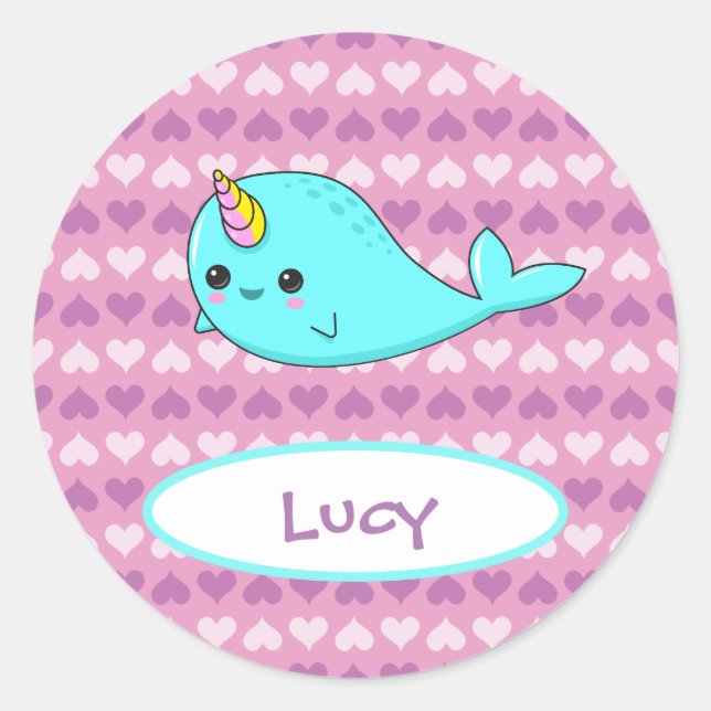 Kawaii Narwhal Purple Heart Name Sticker (Front)
