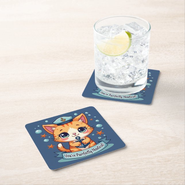 Kawaii Nautical Cat Sailing Anchor Pun Square Paper Coaster (Insitu)