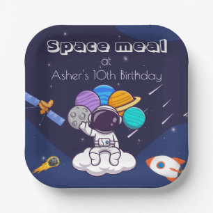Kawaii Navy Blue Astronaut Space Theme Square Paper Plate