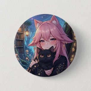 Kawaii Neko Anime Girl with Black Cat - Eclipse Ca 2 Inch Round Button