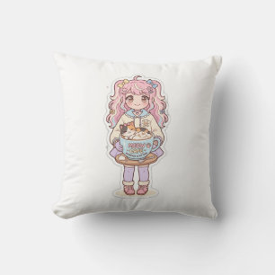 Kawaii Neko Cafe Anime Girl Chibi Throw Pillow