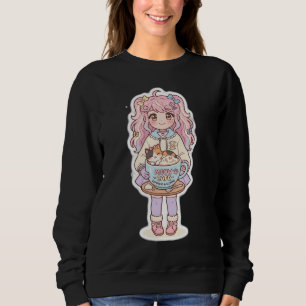 Kawaii Neko Cafe Chibi Anime Girl Black Sweatshirt