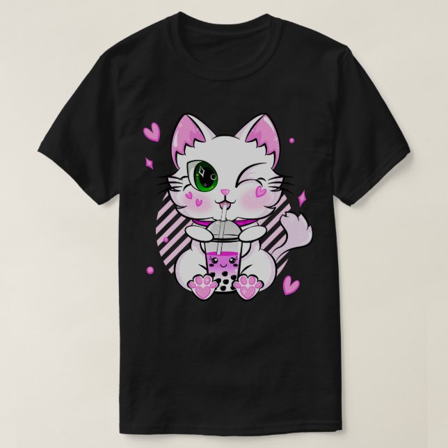 Kawaii Neko Cat Pink Tapioca Boba Kitty Bubble Tea T-Shirt (Design Front)