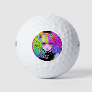 Kawaii Neon Rainbow Pigtails Bangs Anime Girl Golf Balls
