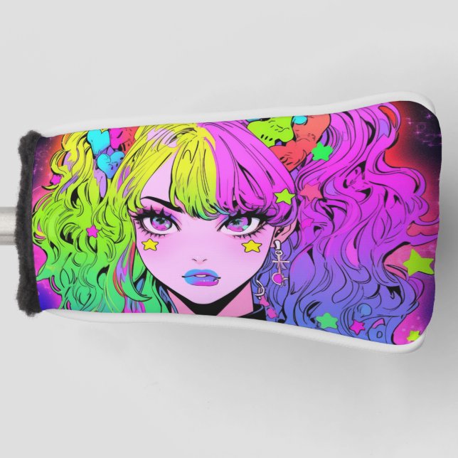 Kawaii Neon Rainbow Pigtails Bangs Anime Girl Golf Head Cover (Front)