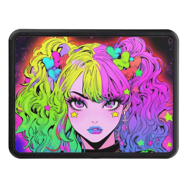 Kawaii Neon Rainbow Pigtails Bangs Anime Girl Trailer Hitch Cover (Front)