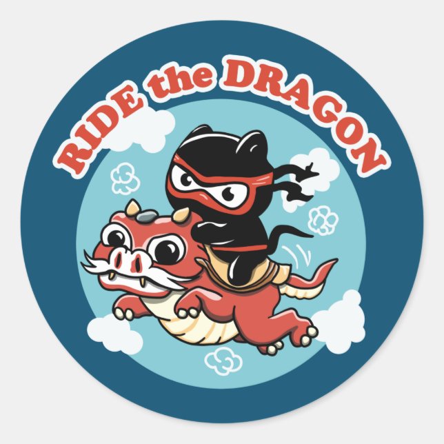 Kawaii Ninja Cat | Ride The Dragon Classic Round Sticker (Front)