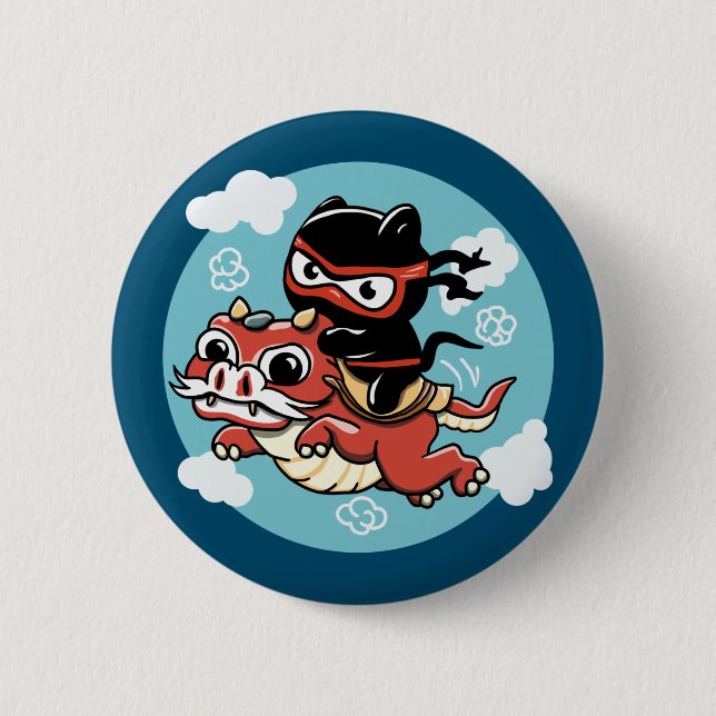 Kawaii Ninja Cat Riding a Red Dragon 2 Inch Round Button (Front)
