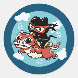 Kawaii Ninja Cat Riding a Red Dragon Classic Round Sticker