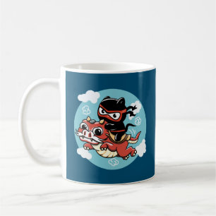 Kawaii Ninja Cat Riding a Red Dragon Coffee Mug