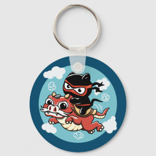 Kawaii Ninja Cat Riding a Red Dragon Keychain