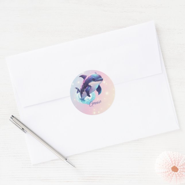 Kawaii Orca Killer Whale Personalized Blue & Pink Classic Round Sticker (Envelope)