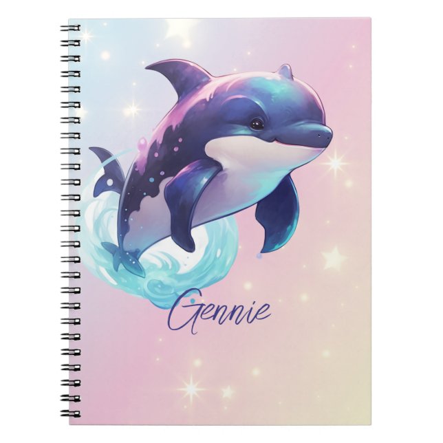 Kawaii Orca Killer Whale Personalized Blue & Pink Notebook (Front)