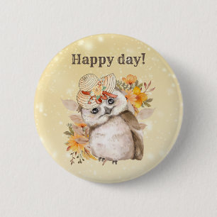 kawaii owl with warm leaves background 2 inch round button