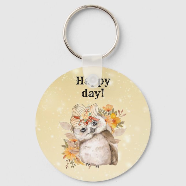 kawaii owl with warm leaves background keychain (Front)