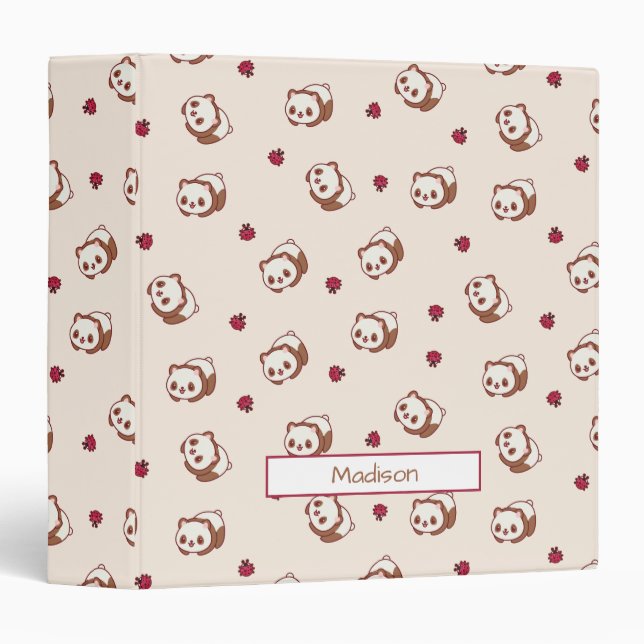 Kawaii Panda Adorable Beige Pattern Red Flowers Binder (Front/Spine)