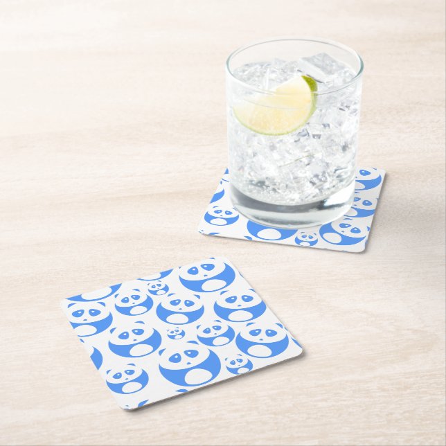 Kawaii Panda Baby Blue and WhitePattern Square Paper Coaster (Insitu)