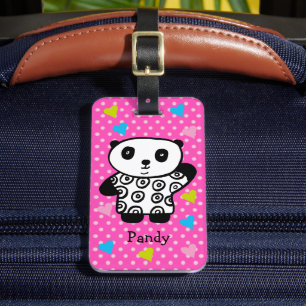 Kawaii Panda Bear Pink Girly Polka Dot Hearts Luggage Tag