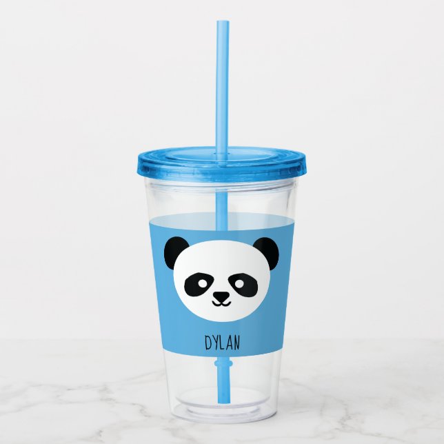 Kawaii Panda Cute Kids Blue Personalized Acrylic Tumbler (Front)