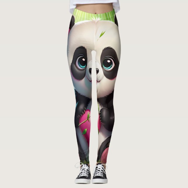 Kawaii Panda Holding Heart in a Bamboo Forest Leggings (Front)
