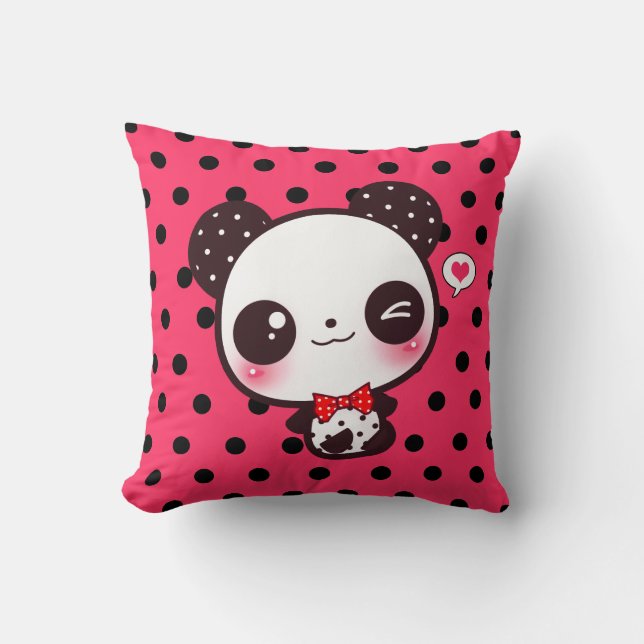 Kawaii panda on black polka dots throw pillow (Front)
