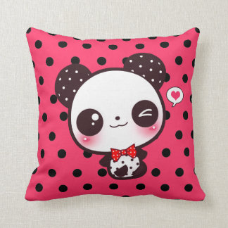 Kawaii panda on black polka dots throw pillow
