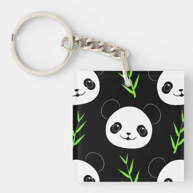 Kawaii Panda Pattern Bamboo In Black White Green Keychain (Front)