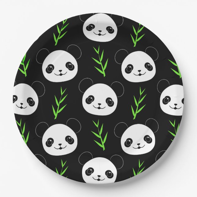 Kawaii Panda Pattern Bamboo In Black White Green Paper Plate (Front)