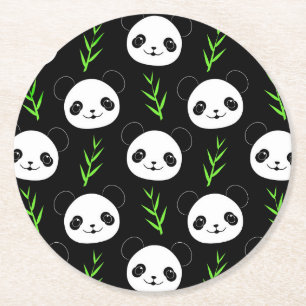 Kawaii Panda Pattern Bamboo In Black White Green Round Paper Coaster