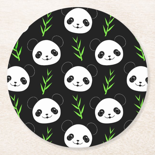 Kawaii Panda Pattern Bamboo In Black White Green Round Paper Coaster (Front)