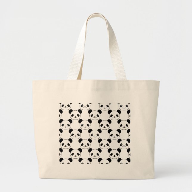 Kawaii Panda Pattern In Black And White Large Tote Bag (Front)